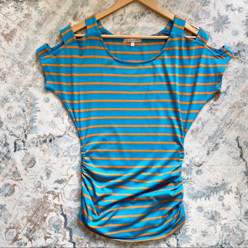 Red Haute Turquoise/Orange Striped Ruched Top